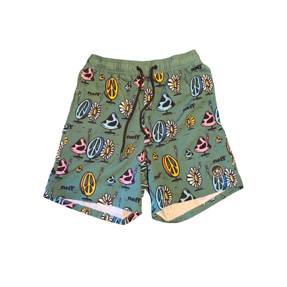 Neff Mens Board Shorts Sage Green Peace Sign Daisy Graphic Swim Trunks Medium